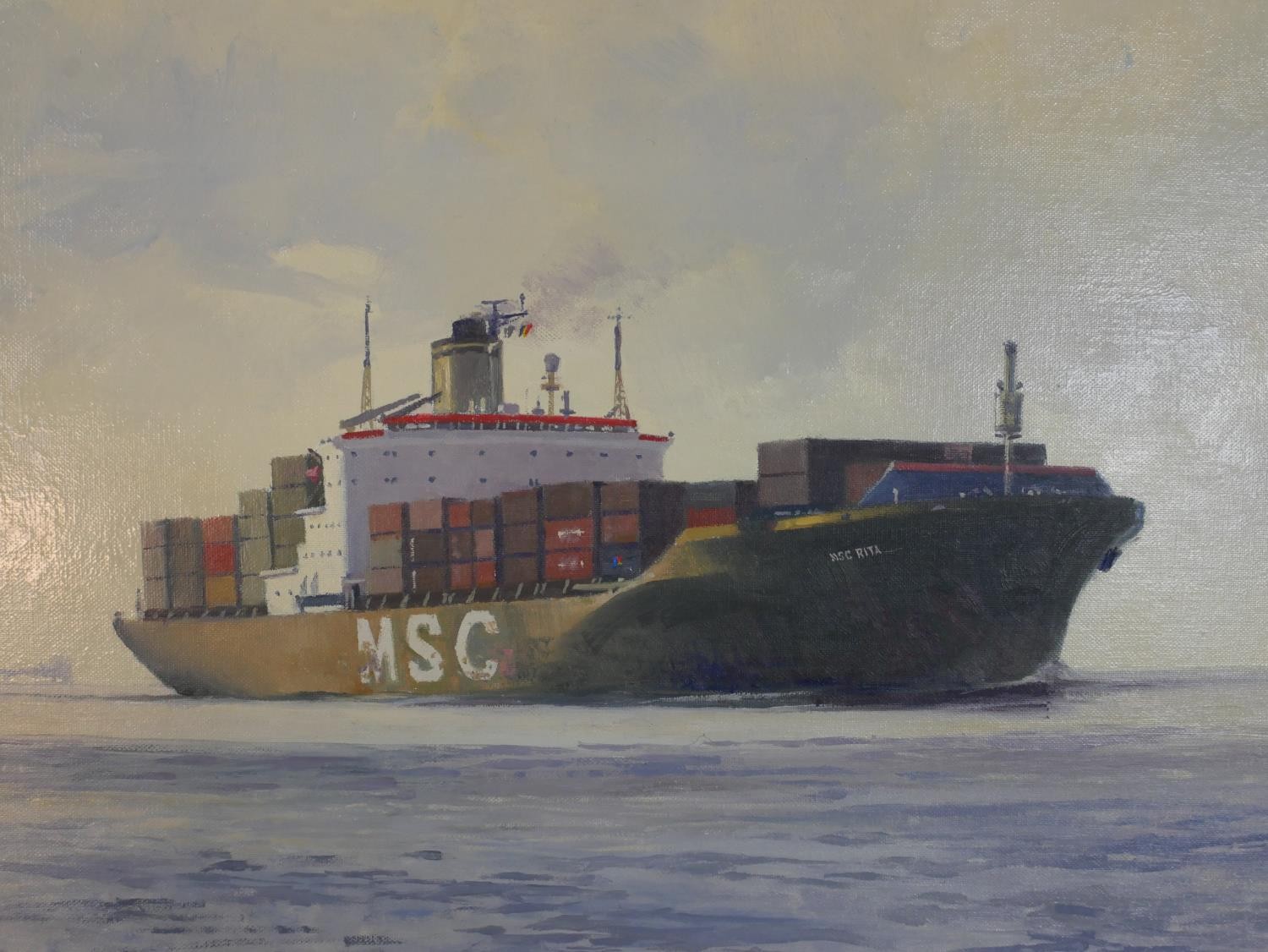 Ronny Moortgat (b.1951), 'Containers for Antwerp', oil on canvas, signed and label verso. H.52 W. - Image 4 of 6