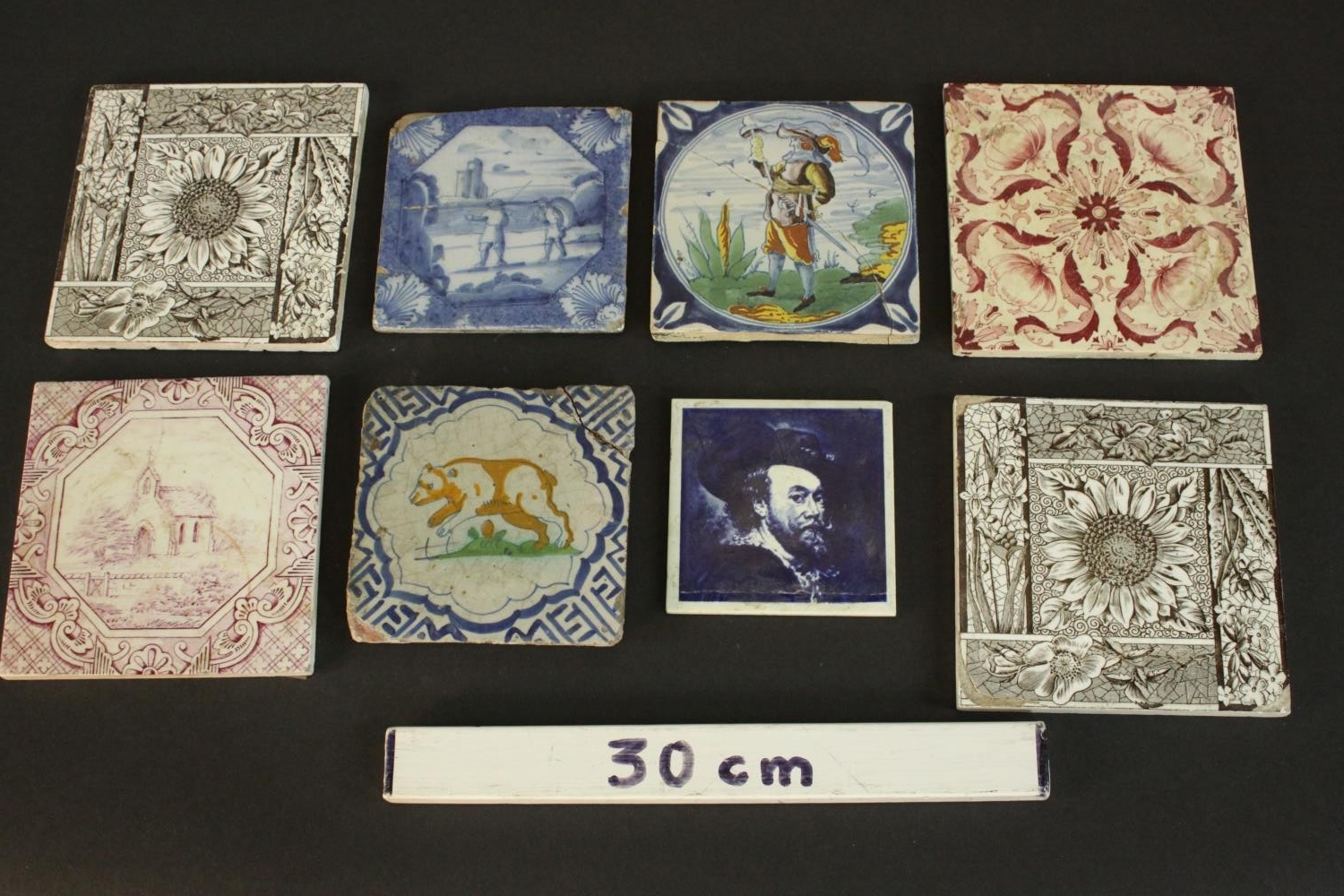 A collection of ceramic tiles, including four 19th and 20th century Delft tiles one with a - Image 2 of 10