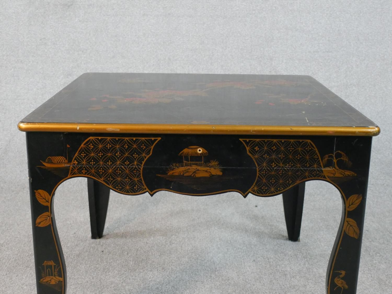 A black lacquered Chinese low table with hand gilded bird and blossom decoration. W.66 H.52 D.66cm - Image 4 of 6