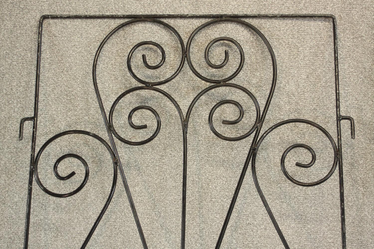 A pair of black painted wrought iron gates, decorated with spiral designs. H.177 W.64cm. (each) - Image 3 of 4