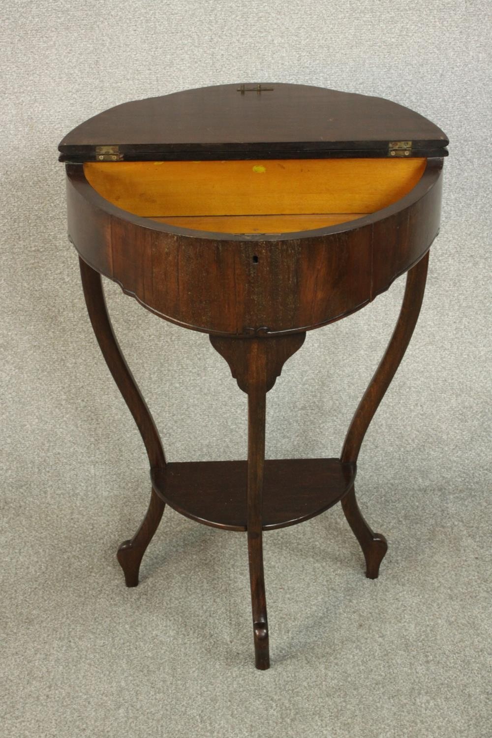 An early 20th century mahogany demi lune side table, with a foldover top opening to reveal a - Image 3 of 7