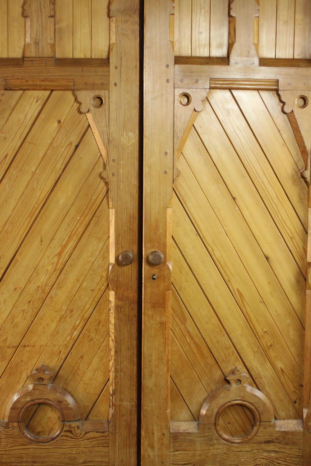 A Victorian Aesthetic movement pitch pine wardrobe, the two ecclesiastical style doors with - Image 4 of 7