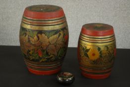 Two lacquered and gilded Russian floral design biscuit barrels along with a hand painted box