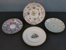 Three 19th century hand painted porcelain plates and a transfer ware 19th century Grisaille