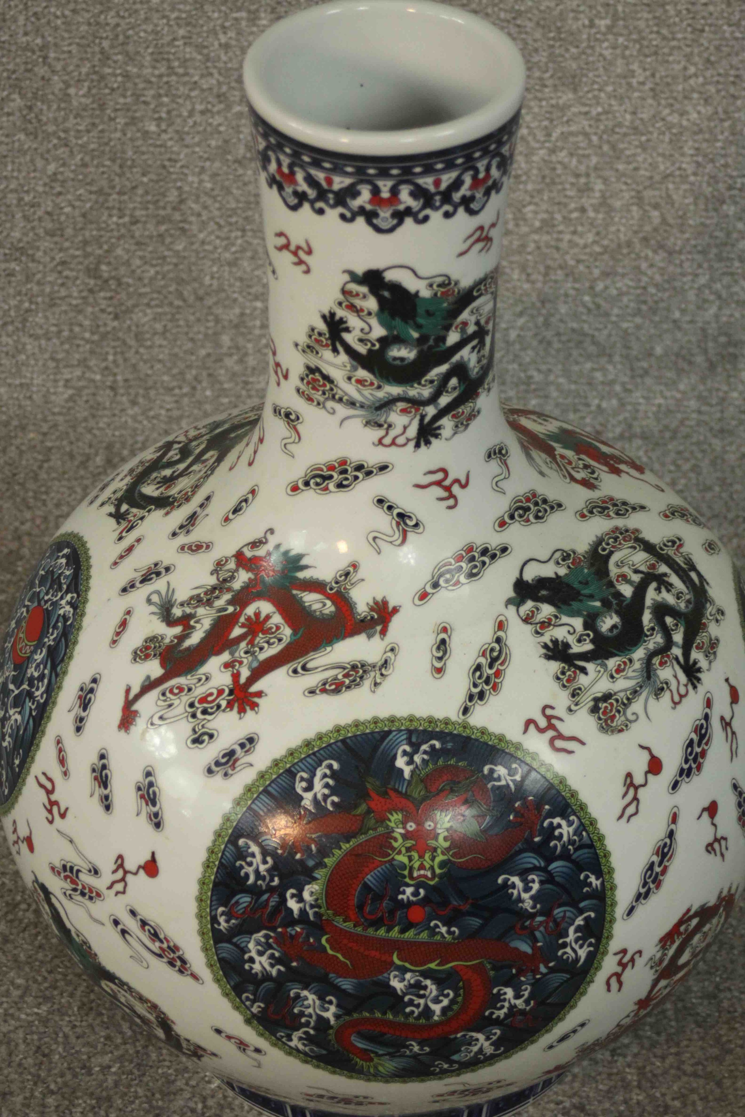 A large Chinese Ming style porcelain vase of bulbous form decorated with dragon and floral motifs, - Image 3 of 10