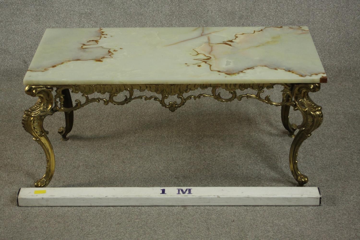 A Rococo style brass coffee table, the rectangular onyx top with a moulded edge, the base with a - Image 2 of 5