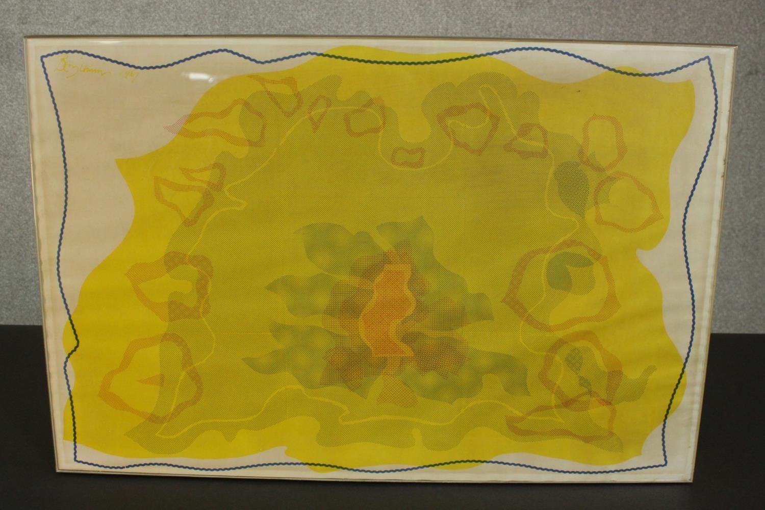 A glazed mid-century abstract yellow, orange and blue print, indistinctly signed and dated in plate.