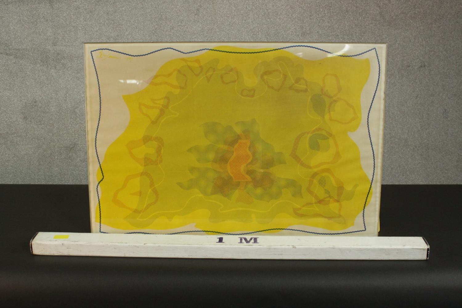 A glazed mid-century abstract yellow, orange and blue print, indistinctly signed and dated in plate. - Image 2 of 6