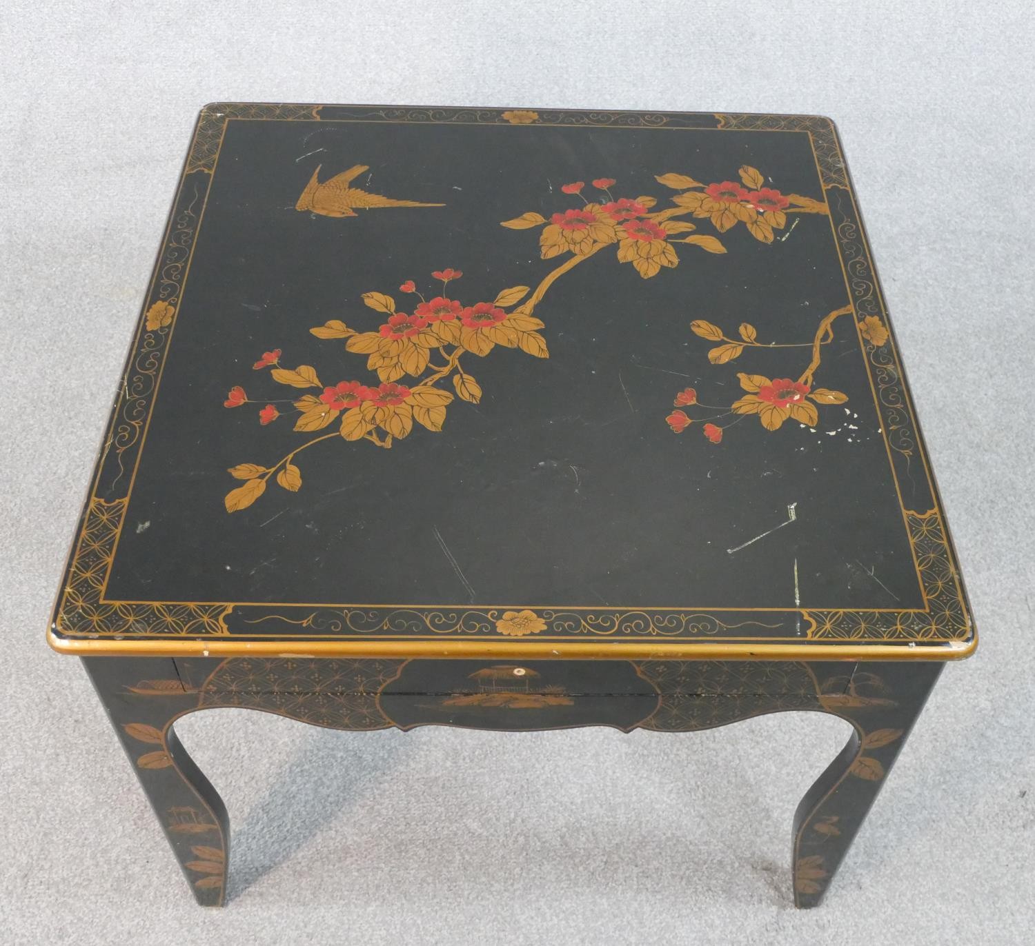 A black lacquered Chinese low table with hand gilded bird and blossom decoration. W.66 H.52 D.66cm - Image 2 of 6