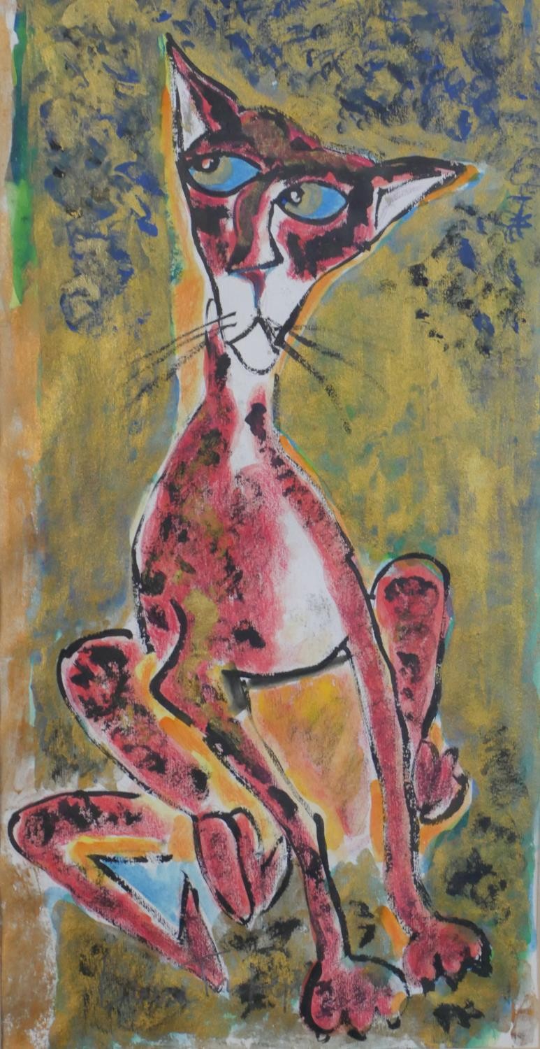 Lucia Tripepi, watercolour on paper of a sitting cat, signed and label verso. H.71.5 W.49cm