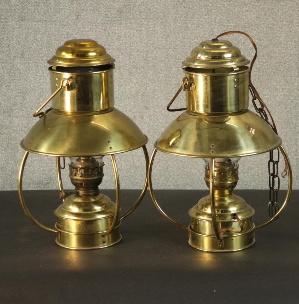 Two early 20th century brass trawler ship lamps (one gas and one converted to electric). H.43 Dia. - Image 2 of 3