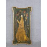 A Japanese hand painted and gilded panel with figure and red flowers. H.97 W.48cm