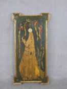 A Japanese hand painted and gilded panel with figure and red flowers. H.97 W.48cm