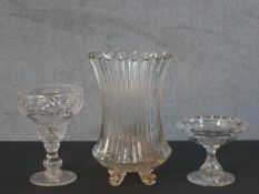 Three pieces of hand cut 19th century and 18th century cut glass, including a ridged form Murano