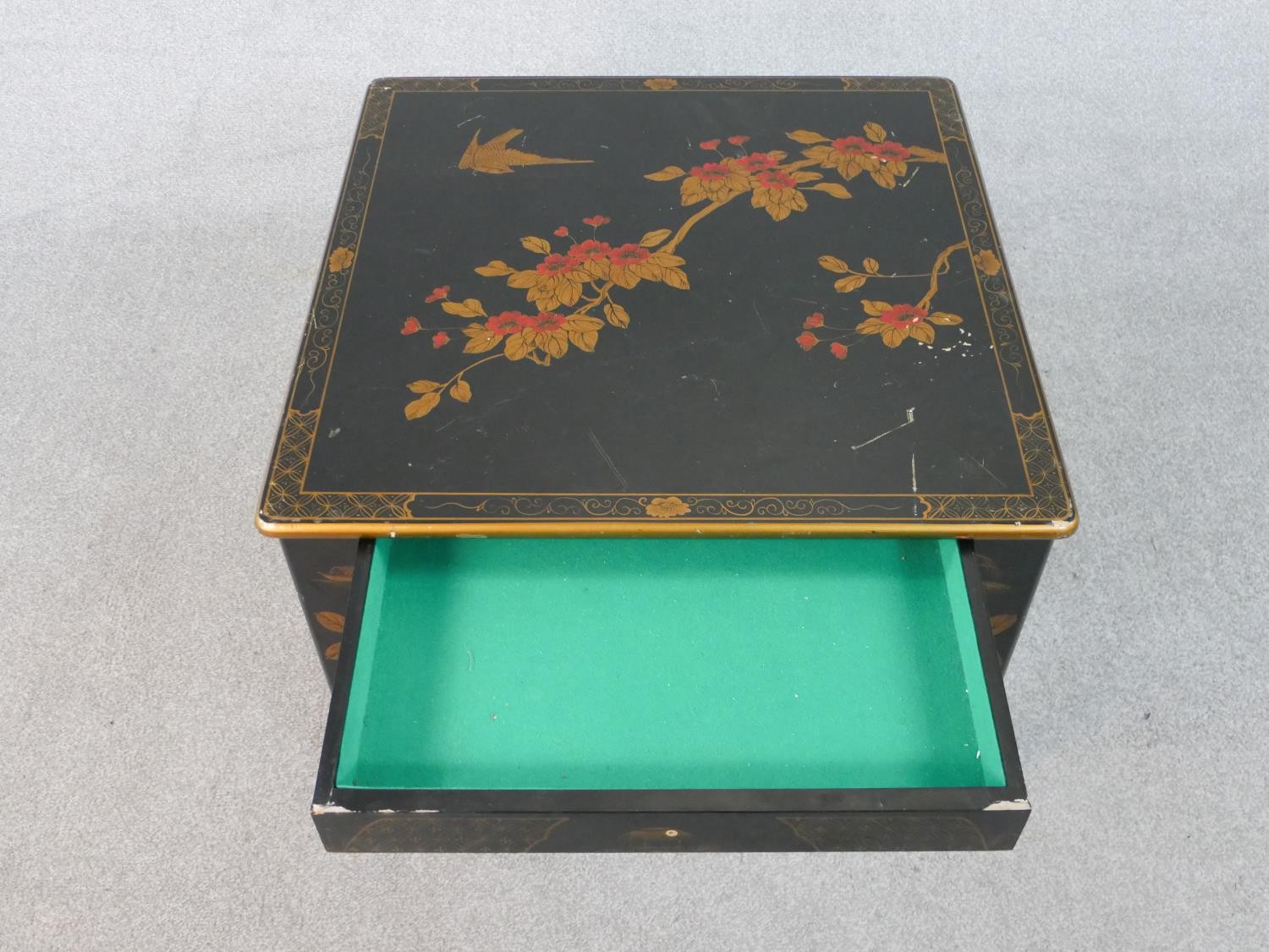 A black lacquered Chinese low table with hand gilded bird and blossom decoration. W.66 H.52 D.66cm - Image 5 of 6