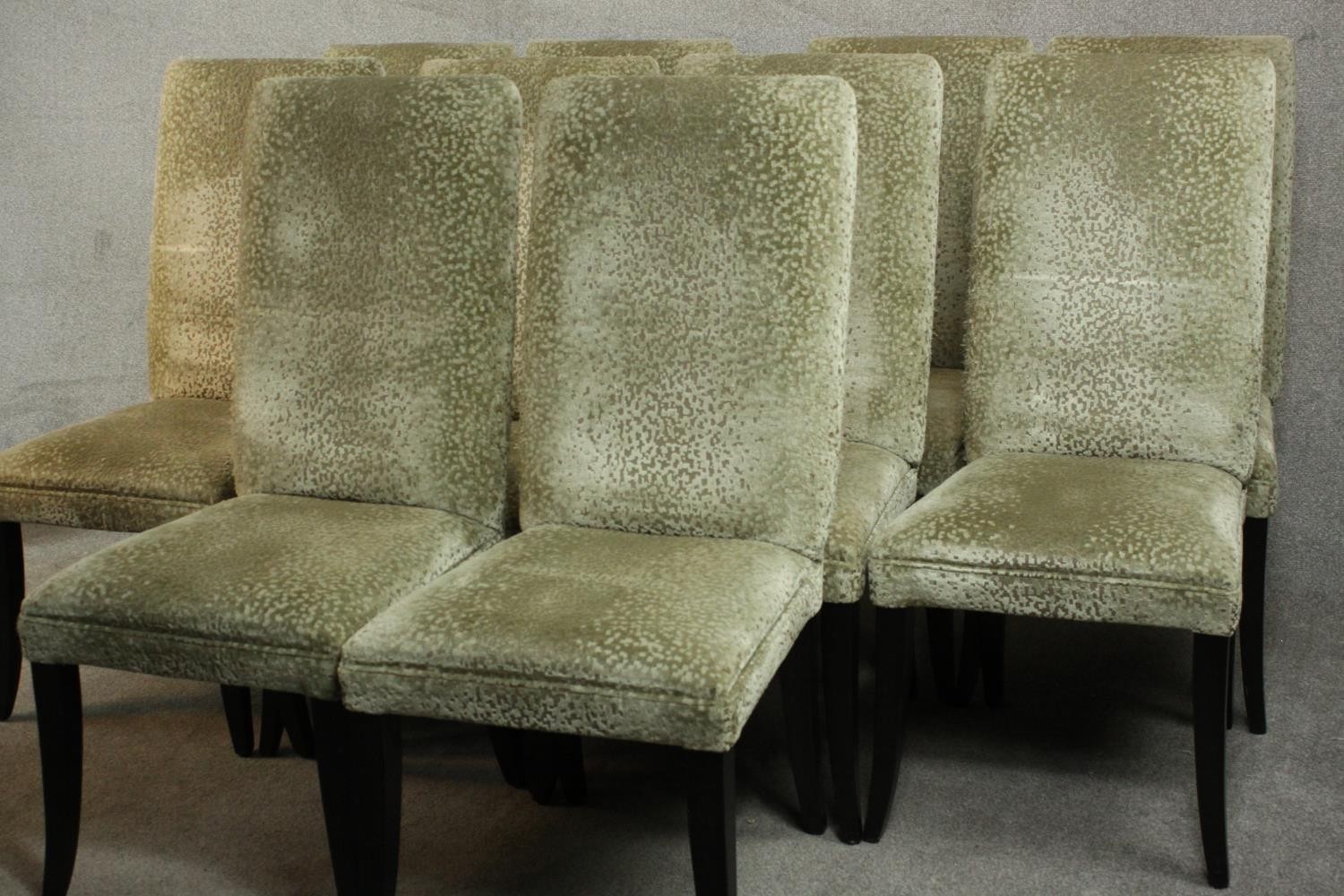 A set of ten contemporary dining chairs, upholstered in gold coloured fabric, on ebonised square - Image 3 of 10