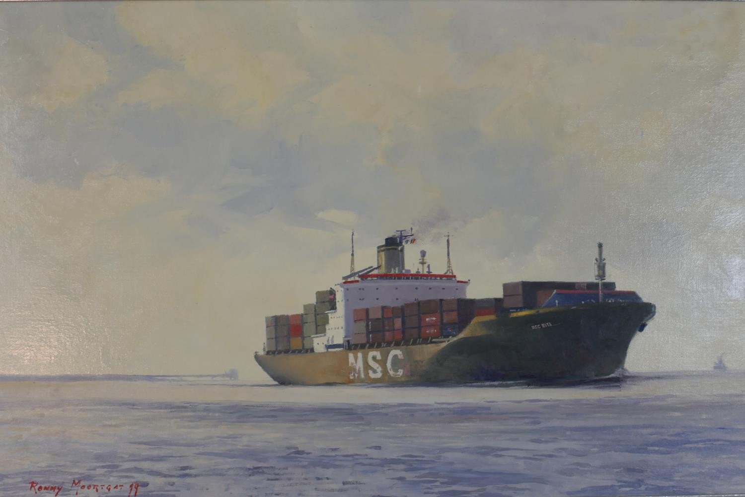 Ronny Moortgat (b.1951), 'Containers for Antwerp', oil on canvas, signed and label verso. H.52 W.