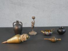 Two Victorian brass plumb lines, a silver plated putti form candle stick with engraved foliate