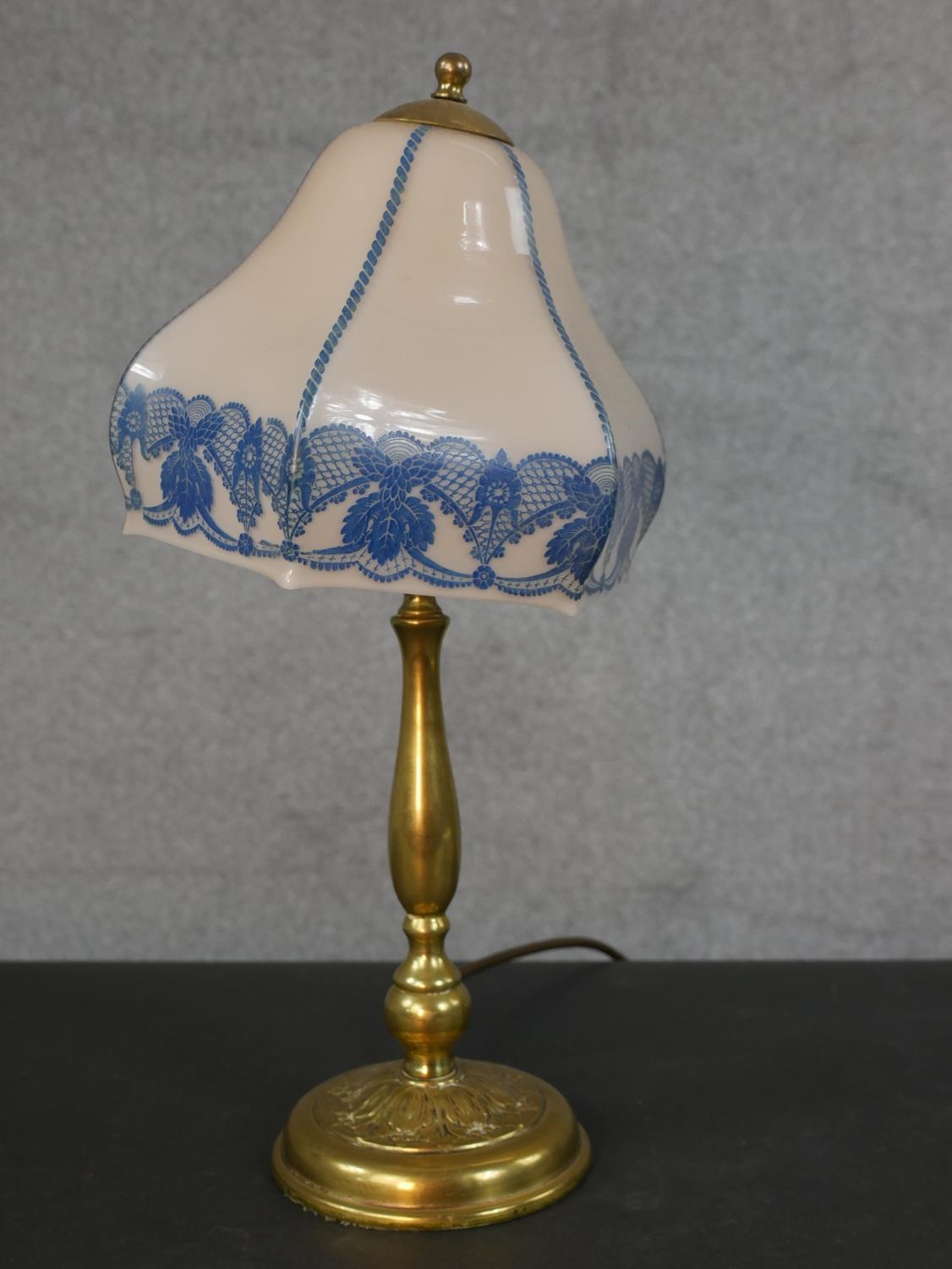 Two mid 20th century brass table lamps, one with a yellow glass shade, the other with a blue and - Image 2 of 5