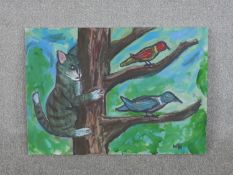 Wolf Howard, Cat up a Tree, acrylic on canvas, monogrammed WH lower right, signed and titled