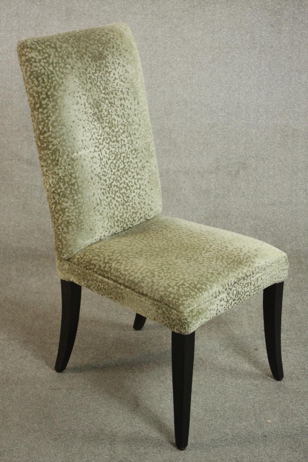 A set of ten contemporary dining chairs, upholstered in gold coloured fabric, on ebonised square - Image 5 of 10