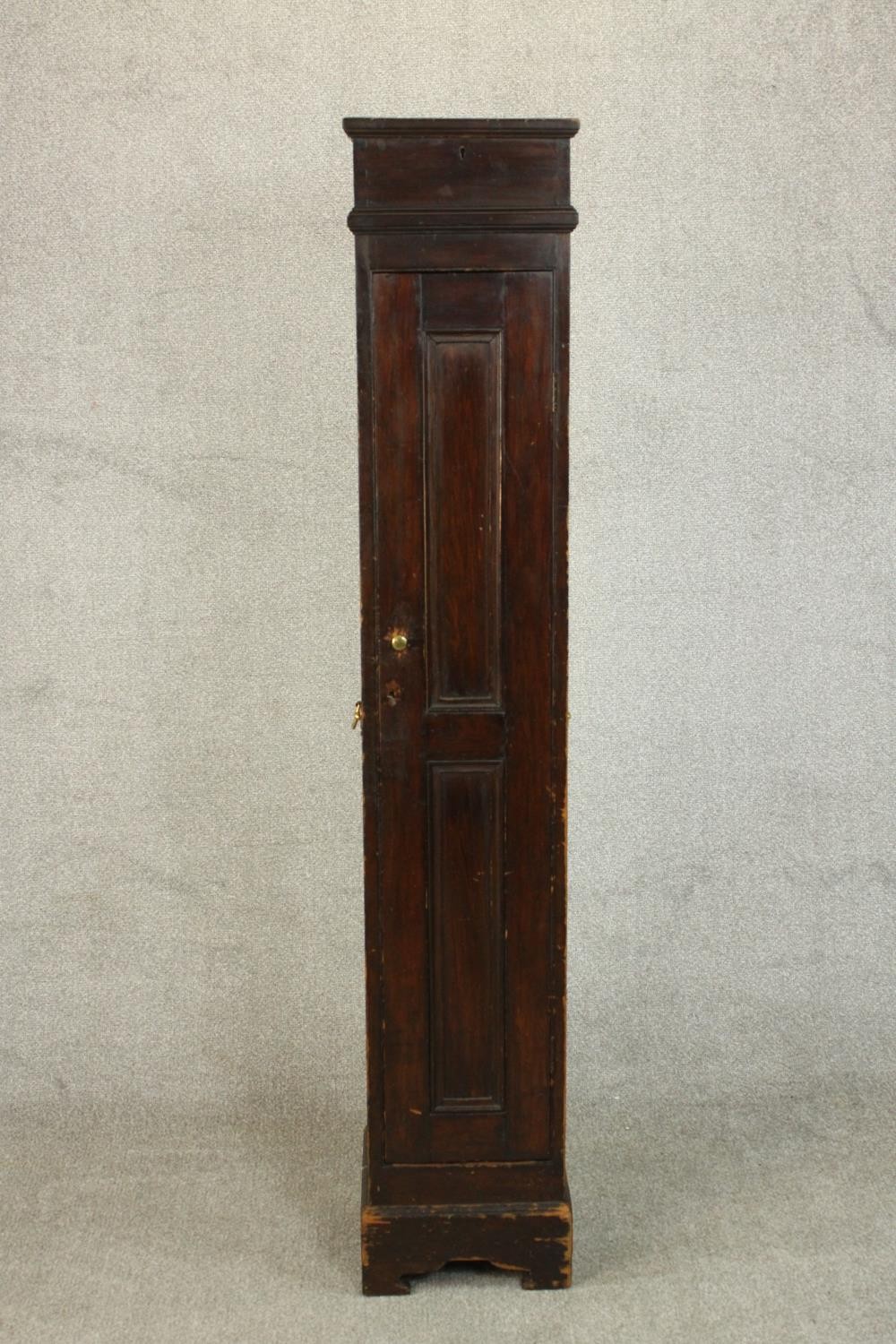 A late Victorian stained pine gun cabinet, the panelled door opening to reveal space for three guns,