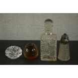 A collection of glass, including a silver topped cut crystal sugar sifter, an Orresfors crystal