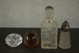 A collection of glass, including a silver topped cut crystal sugar sifter, an Orresfors crystal