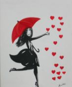 A framed acrylic on board, 'Red Umbrella', signed Kavnksy. H.44.5 W.39.5cm