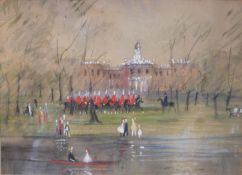 A framed and glazed watercolour of London with the Queens guards on horse back by the river,