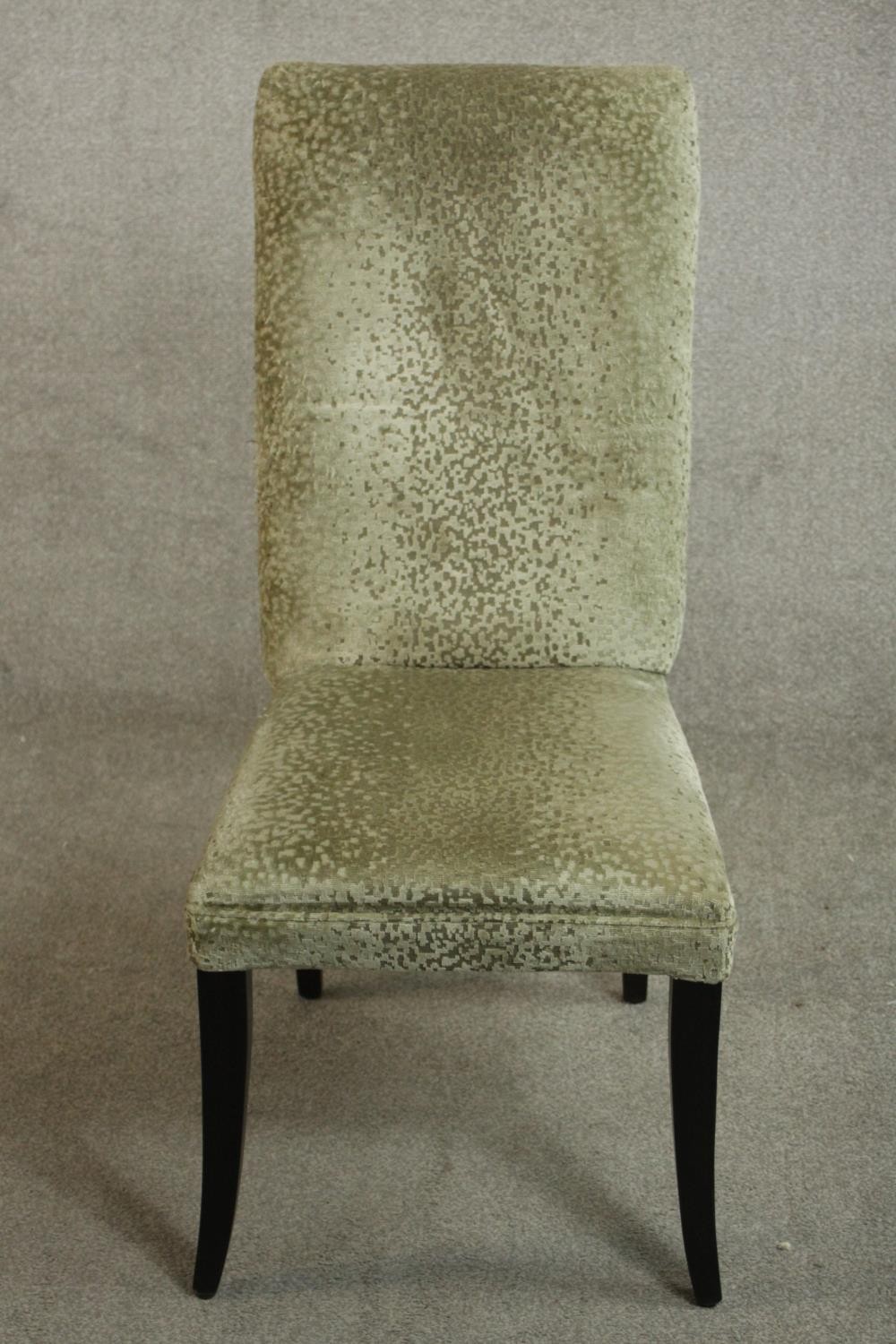 A set of ten contemporary dining chairs, upholstered in gold coloured fabric, on ebonised square - Image 4 of 10