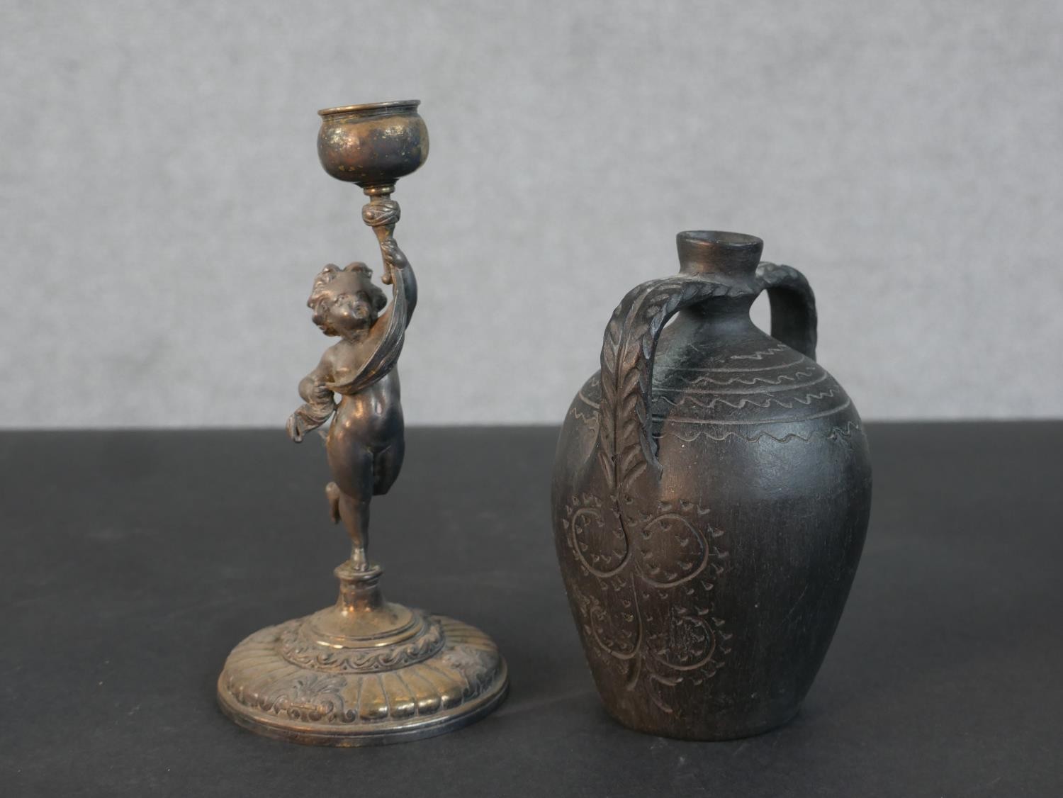 Two Victorian brass plumb lines, a silver plated putti form candle stick with engraved foliate - Image 4 of 6