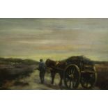 A framed oil on canvas of a cart and horse at sunset, indistinctly signed. H.55 W.75cm.