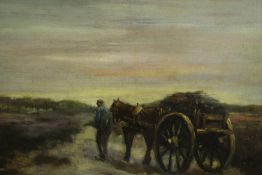 A framed oil on canvas of a cart and horse at sunset, indistinctly signed. H.55 W.75cm.