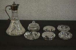 A silver plated claret jug along with other cut crystal items. H.30 Dia.17cm. (largest)