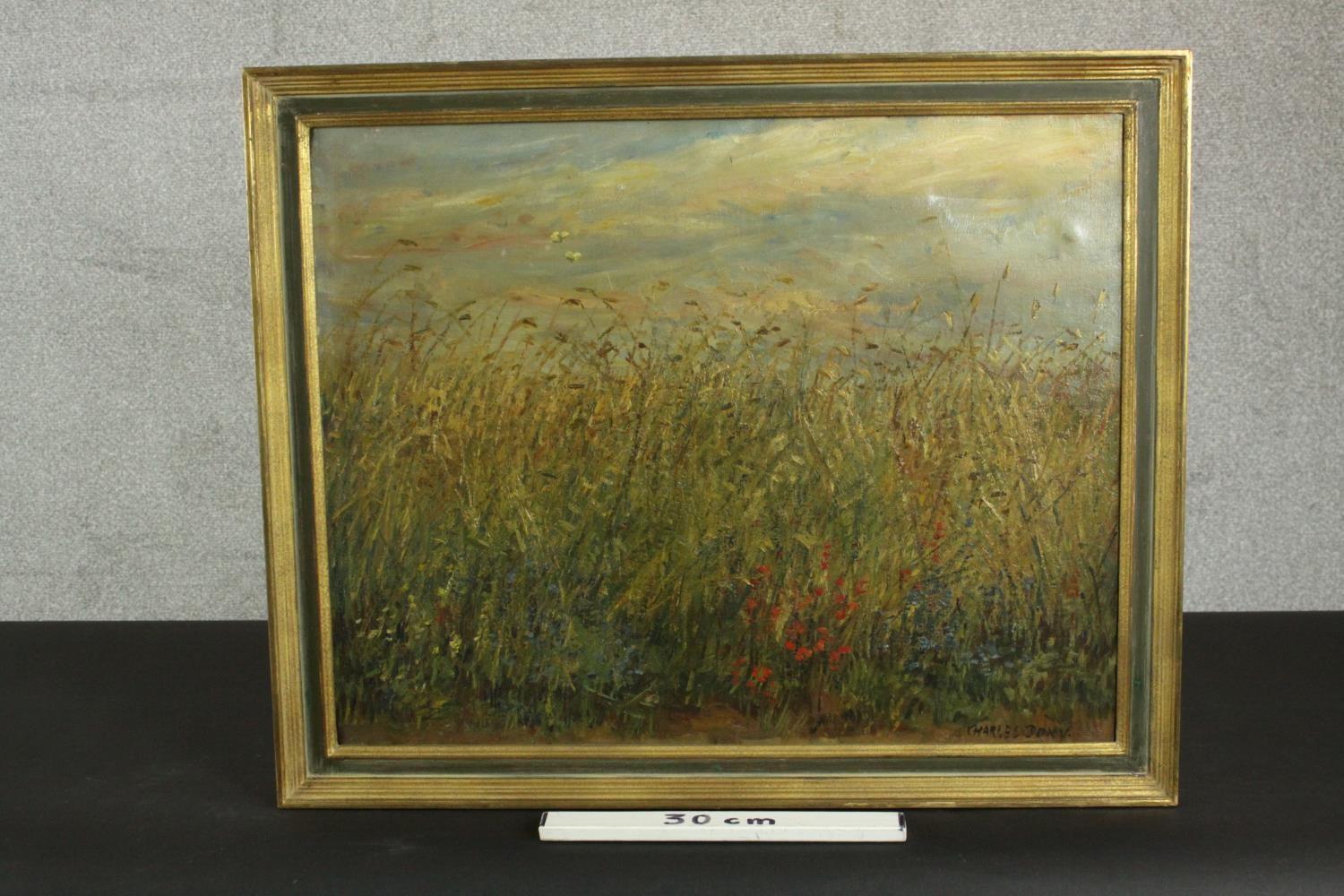 Charles Dony (20th century school), A Meadow in Profile, oil on canvas, signed lower right. H.63 W. - Image 3 of 6