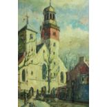 A gold painted framed oil on board of a town scene with church, unsigned. H.72 W.50cm.