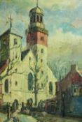 A gold painted framed oil on board of a town scene with church, unsigned. H.72 W.50cm.
