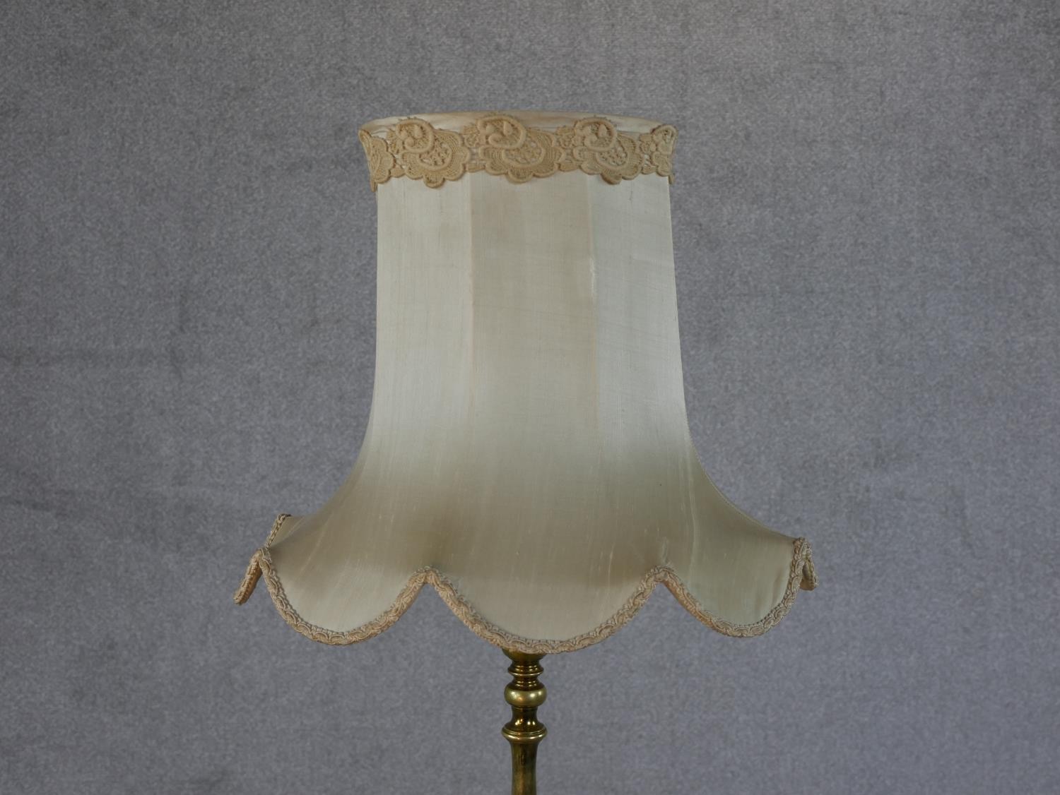 A 20th century brass standard lamp, with a multiple baluster turned stem on a circular base, with - Image 2 of 5