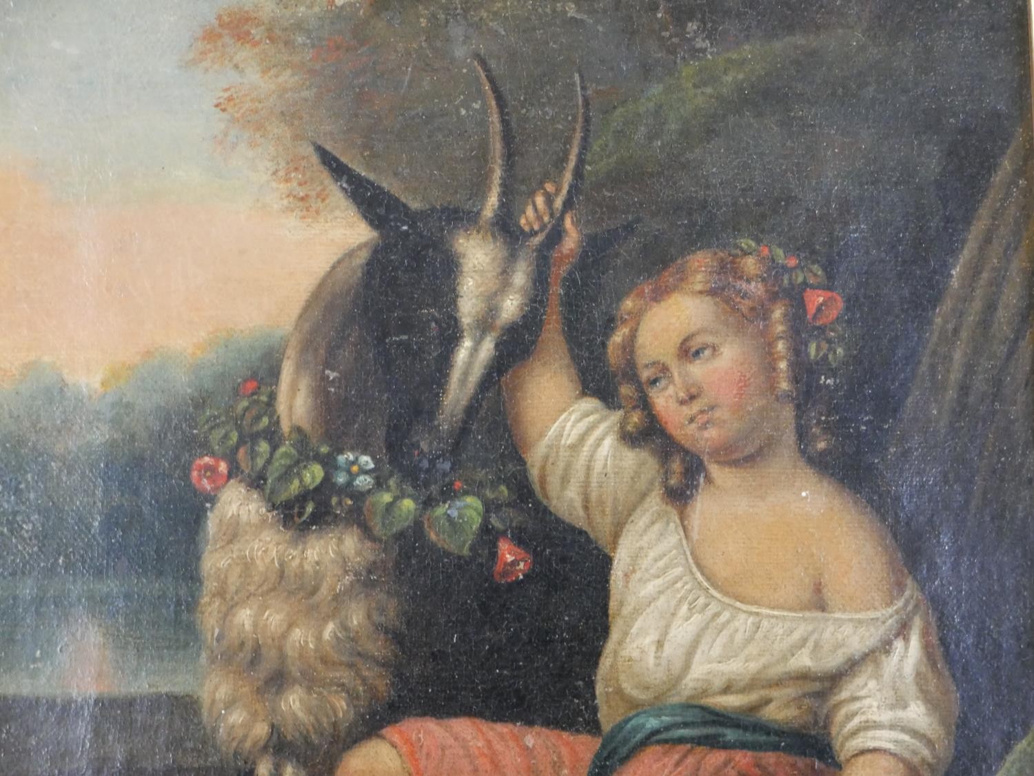 A gilt framed 19th century oil on canvas of a young child with a goat, unsigned. H.39 W.35.5cm - Image 4 of 5