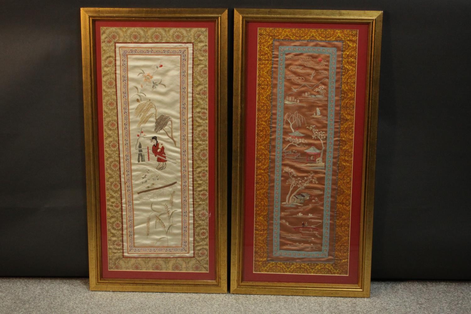Two framed and glazed early 20th Chinese embroidered silk panels, one of a Geisha on a bridge and