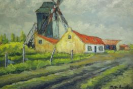 A gilt framed oil on board of a Dutch countryside scene with windmill, signed M de Backer. H.53 W.