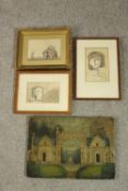 Two framed watercolors of street scenes, an oil on board of a castle entrance and an Indian