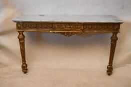 A 19th century Continental giltwood console table, the rectangular marble top with a moulded edge