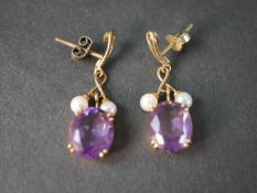 A pair of early 20th century yellow metal (tests as 14 carat) amethyst and cultured pearl