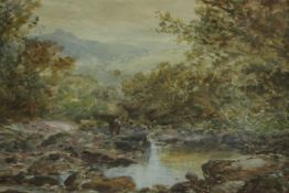 A 19th century framed and glazed watercolour of figures by a pond, indistinctly signed. H.56 W.70cm.