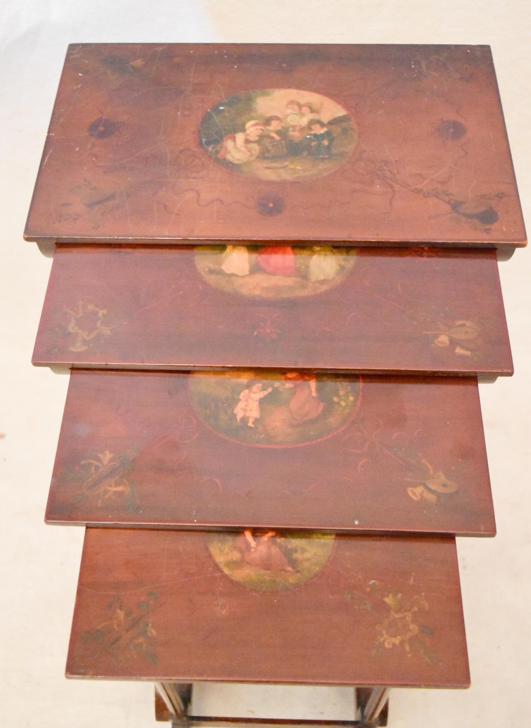 A quartetto nest of Regency style mahogany tables, each with rectangular tops hand painted with a - Image 4 of 5
