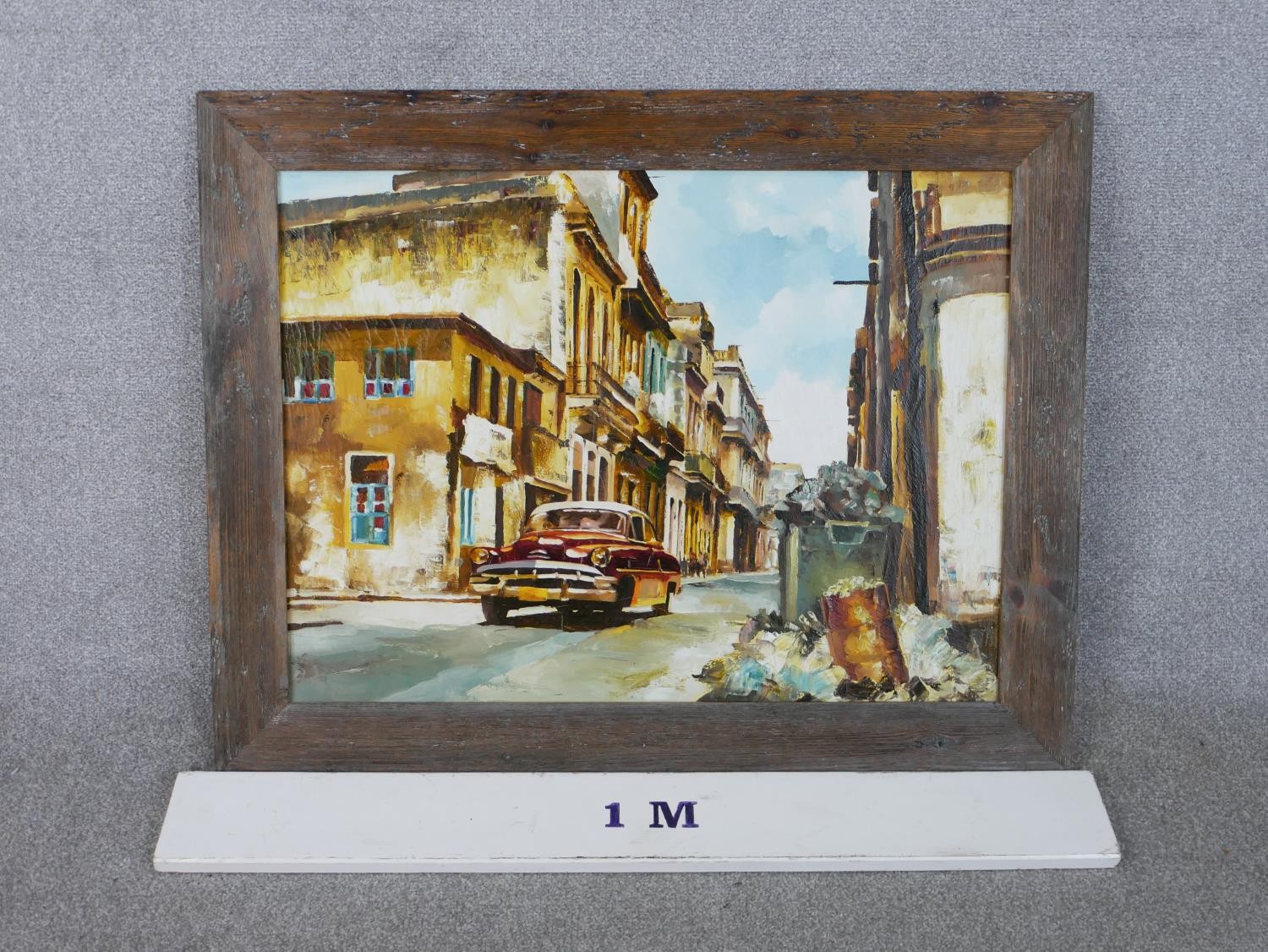 A framed acrylic on canvas of a street scene with vintage car, unsigned. H.74 W.95cm - Image 3 of 4