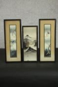 Three framed and glazed Japanese scroll paintings of birds and flowers and one of a Japanese lake