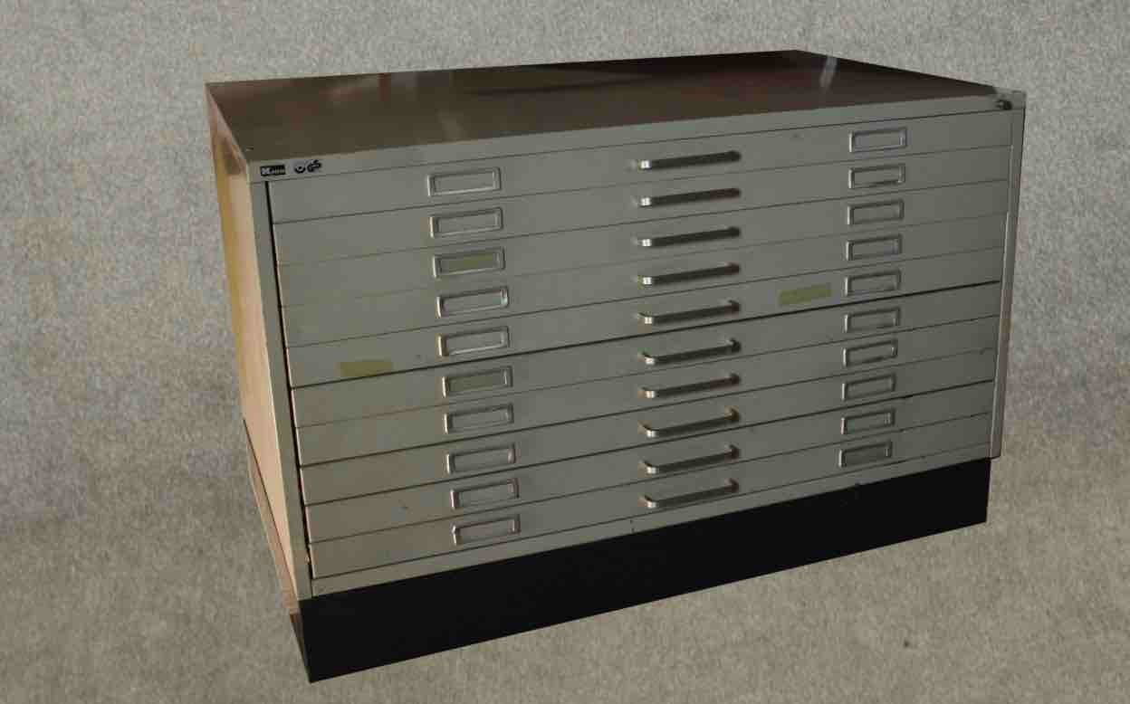 A grey painted steel plan chest, mid 20th century, with ten long drawers. H.87 W.137 D.100cm. - Image 3 of 7